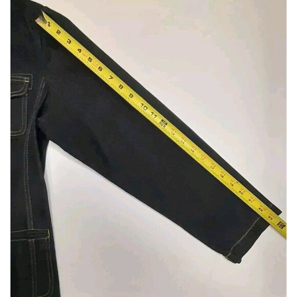 Chico’s Platinum Sz L Blue Dark Wash Denim Jacket - Pockets Covered Buttons NWOT - Picture 15 of 16